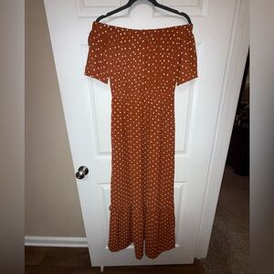 Elegant Rust Polka Dot Off-Shoulder Maxi Dress Ladies Size M